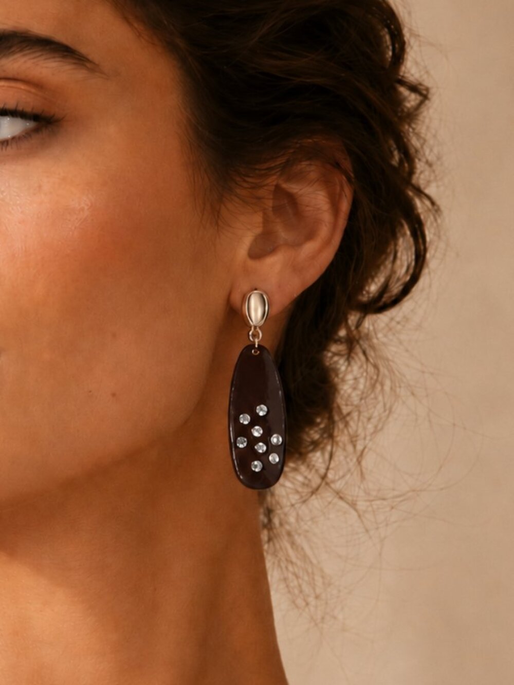 ✨ Brown & Gold-Tone Rhinestone Statement Drop Earrings Sculptural
